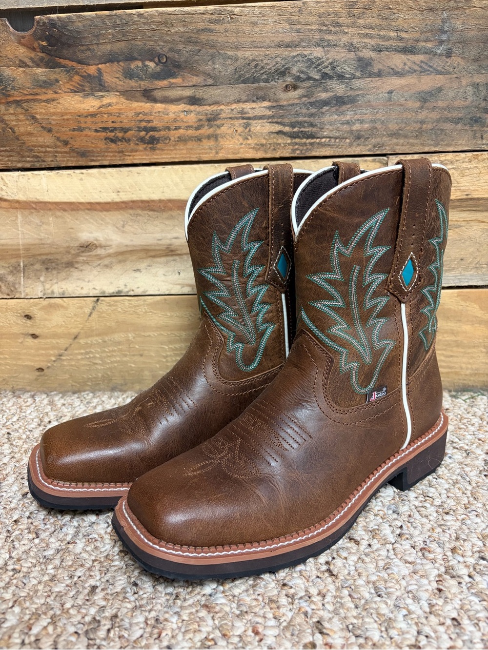 Justin Gypsy Short Brown Western Square Toe Boots Teal Stitching